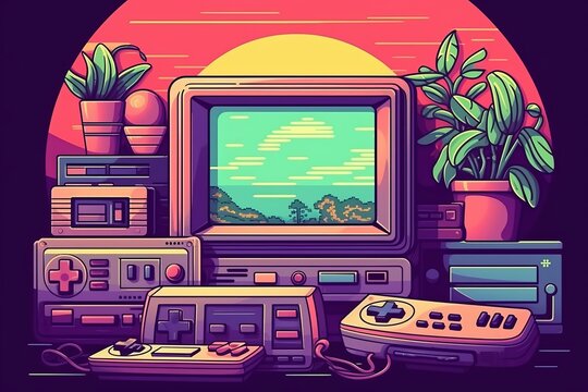 Retro 16-bit video game console from 80s and 90s, Generative AI