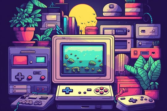 Retro 16-bit video game console from 80s and 90s, Generative AI