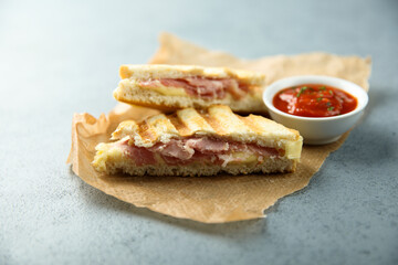 Homemade grilled sandwich with ham