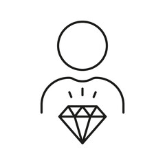 Man with Diamond, Corporate Ideology Outline Symbol. Employee Value Line Icon. Person is Core Values, Business Principles at Work Linear Pictogram. Editable Stroke. Isolated Vector Illustration