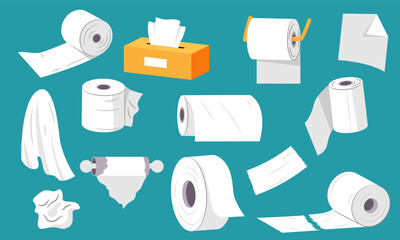 Paper towel set. White paper napkin roll for bathroom, toilet paper sheet flat style, hygiene tissue and clean napkin roll holder. Vector isolated collection