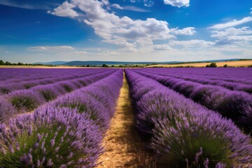Plakat Beautiful lavender field purple blue sky farm. Lavender field. Generative AI.