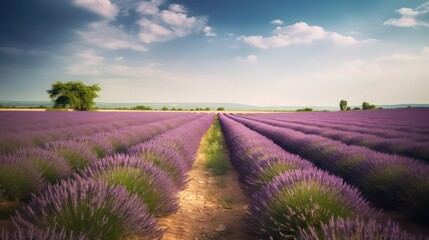 Fototapeta na wymiar Beautiful lavender field purple blue sky farm. Lavender field. Generative AI.