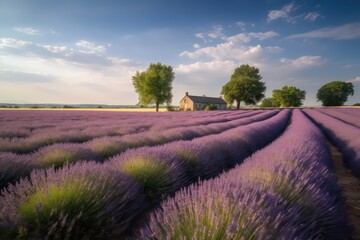 Obraz na płótnie Canvas Beautiful lavender field purple blue sky farm. Lavender field. Generative AI.