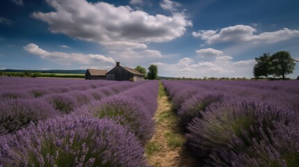 Plakat Beautiful lavender field purple blue sky farm. Lavender field. Generative AI.