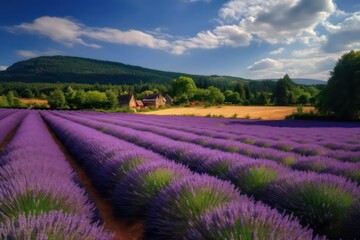 Fototapeta na wymiar Beautiful lavender field purple blue sky farm. Lavender field. Generative AI.