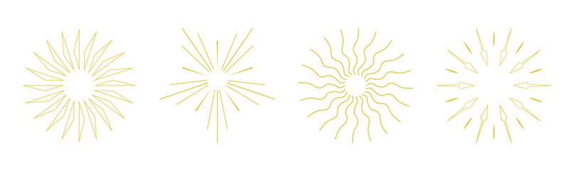 round minimalistic drawings. set the sun. different shapes of rays. modern style of drawing. vector.