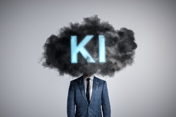 Kopf einer Person umhüllt von einer dunklen Wolke mit der Aufschrift KI - obrazy, fototapety, plakaty