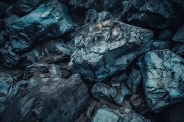 Blue rock texture. Close-up view wallpaper. Toned stone wallpaper background. Generative AI.