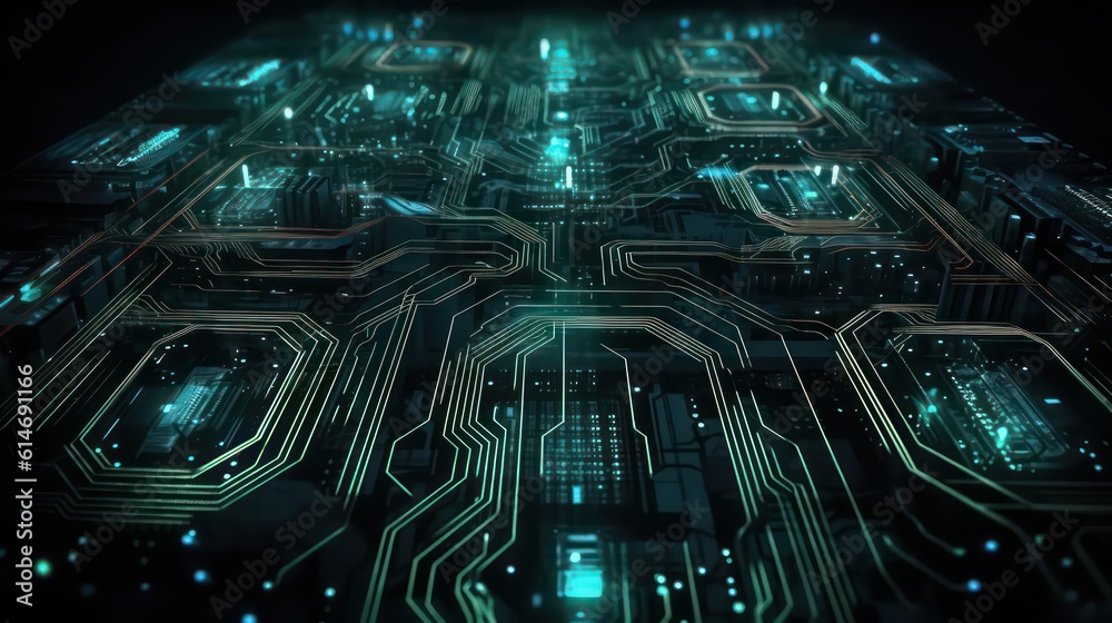 Wall mural circuit board futuristic technology background. digital matrix wallpaper background. generative ai.