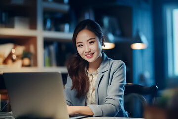Asian office working girl with a radiant smile sits in front of her laptop computer, immersed in work, against a soothing blue turquoise background. generative AI.
