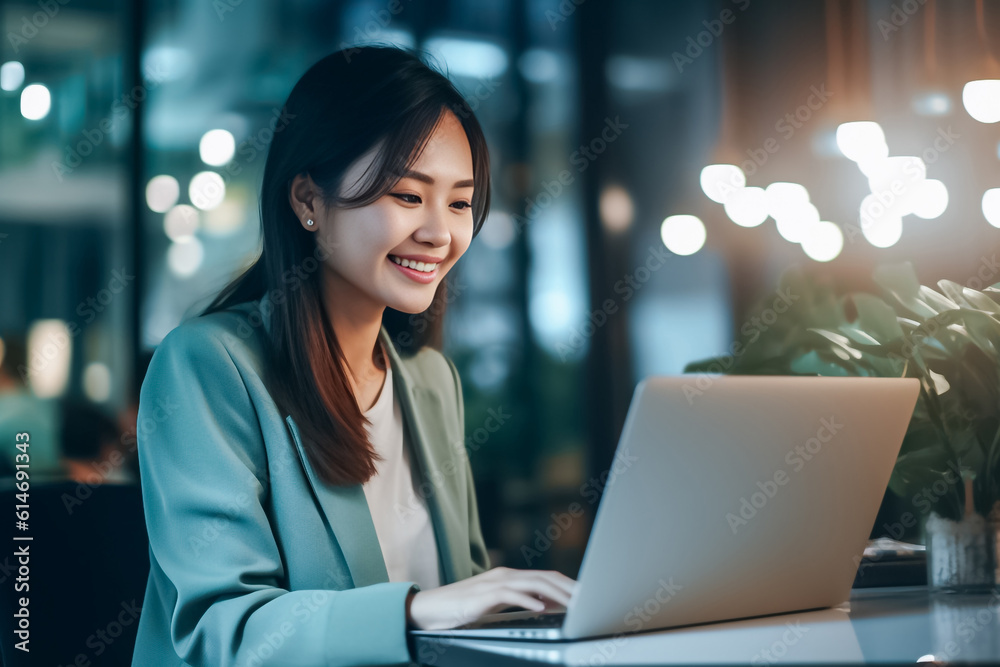 Wall mural asian office working girl with a radiant smile sits in front of her laptop computer, immersed in wor