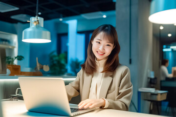 Fototapeta premium Asian office working girl with a radiant smile sits in front of her laptop computer, immersed in work, against a soothing blue turquoise background. generative AI.