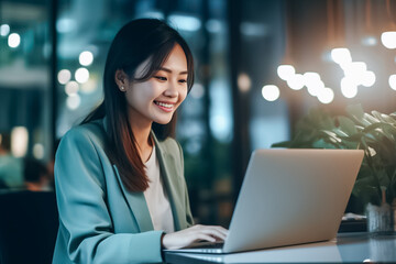 Asian office working girl with a radiant smile sits in front of her laptop computer, immersed in work, against a soothing blue turquoise background. generative AI.