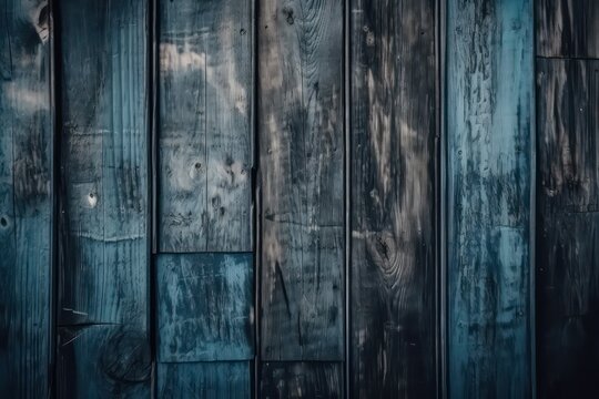 Dark blue grunge background. Toned texture of old wood. Dark blue grunge wood wallpaper background. Generative AI.