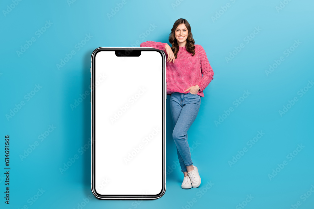 Poster full body length photo cadre of young charming lady stay near big empty space phone display new appl