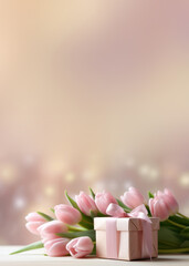Beautiful gift box with a bow and pink tulip flowers on a blurred background, space for text. Generative AI.