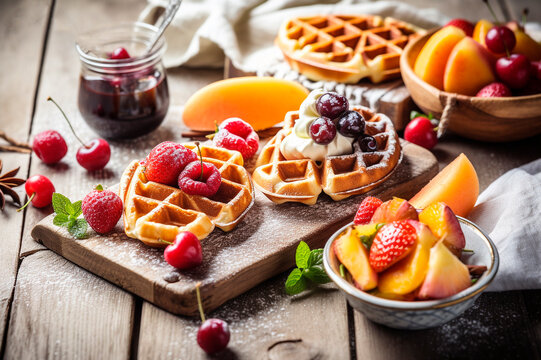 Belgium waffles with fruits and ice cream	