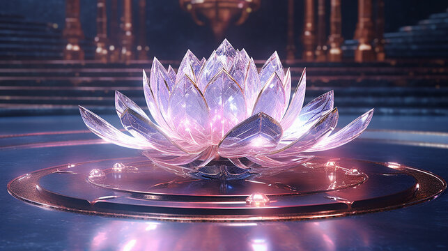 Generative AI image of a mesmerizing crystal lotus, its petals crafted from iridescent gemstones, emanating a serene glow that mirrors the purity and enlightenment symbolized by the flower.
