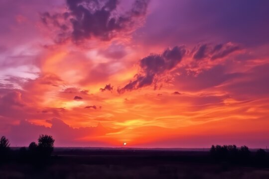 Purple orange pink sunset. Beautiful evening sky with cloud. Generative AI.