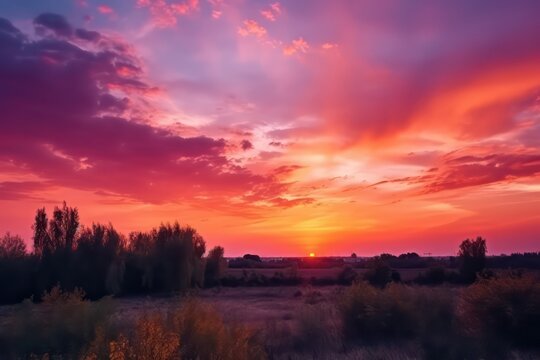 Purple orange pink sunset. Beautiful evening sky with cloud. Generative AI.