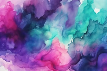 Abstract purple pink blue green watercolor,watercolour. Bright colorful wallpaper background. Generative AI.