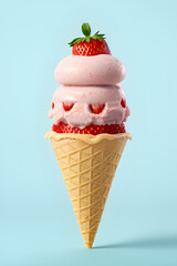strawberry ice cream cone on a blue background, generative ai	