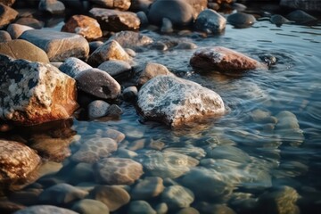 Naklejka na ściany i meble Rocky coast. Stones in the Water. Close-up view . Generative AI.