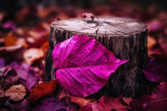 Toned purple fallen autumn dry red leaves on a tree stump. Generative AI.