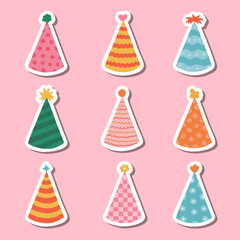 Set of stickers with hand drawn birthday doodle for planners, notebooks. Ready for print list of cute stickers with party cone and Christmas cap. Simple birthday party hat in bright color