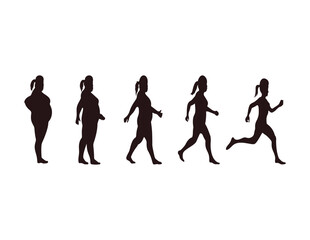 Fototapeta na wymiar Silhouette of woman dieting, Weight loss process, Standing running sport healthy eating