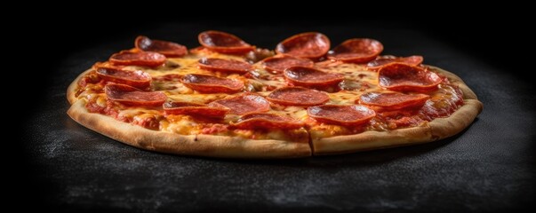Delicious pepperoni pizza and basil tomatoes cooking ingredients on black concrete background. Top view of hot pepperoni pizza. With copy space for text. Created with Generative AI technology.