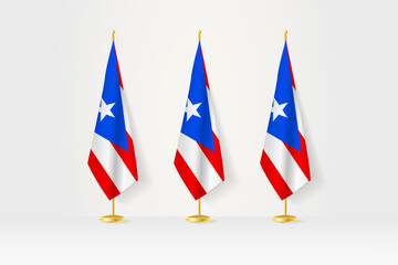Three Puerto Rico flags in a row on a golden stand, illustration of press conference and other meetings.