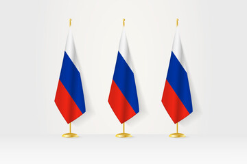 Three Russia flags in a row on a golden stand, illustration of press conference and other meetings.
