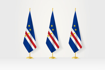 Three Cape Verde flags in a row on a golden stand, illustration of press conference and other meetings.