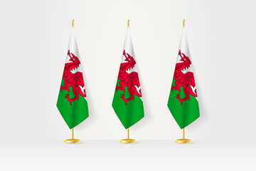 Three Wales flags in a row on a golden stand, illustration of press conference and other meetings.