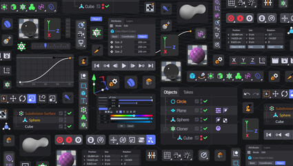 Background of 3d Modeling Software. A Set of Tools. Toolbar Bg. Vector illustration. Buttons and icons