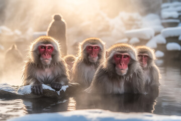 Fototapeta premium A troupe of mischievous wild monkeys joyfully frolic and play at the outdoor snowing hot spring onsen, appearing carefree and at ease in their natural habitat. generative AI.