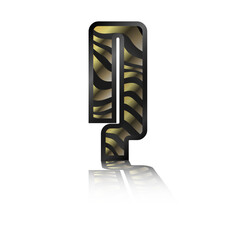 Numeral seven black with gold ribbons and black border, isolated. Vector digit with mirror image