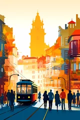 Foto op Canvas Illustration of a portuguese city with a tram, Portugal © Aleh Varanishcha