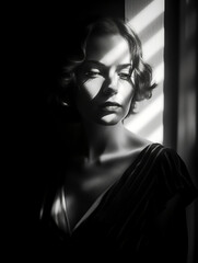 High contrast black and white portrait of a beautiful woman from the 1920s, diffused light streaming in through a window, a poignant moment in her life, mysterious mood, aethetics style