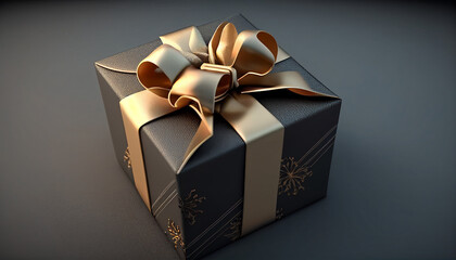Gift box with golden ribbon, 3D render of a gift box with ribbon and a present package, Generative AI