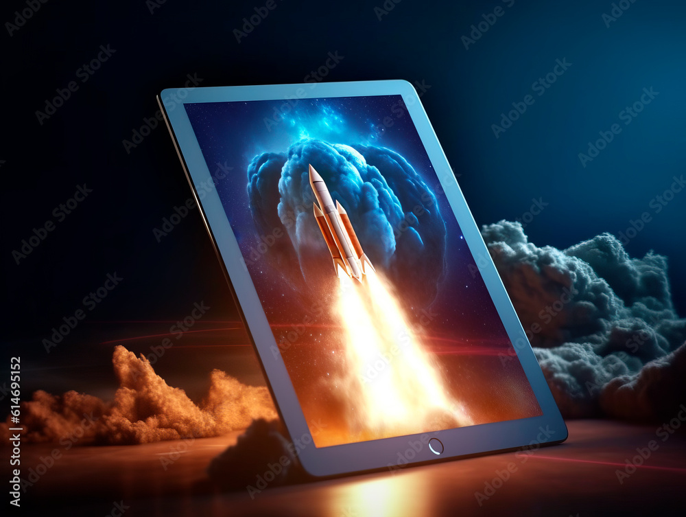 Aufkleber Spaceship launch from digital tablet. Rocket starts from mobile device screen. Concept of a successful start up of a business. Creative idea, education online. Ai Generative illustration