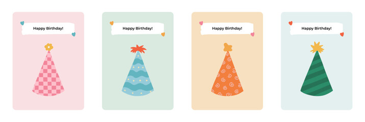 Set of cute postcard for Happy Birthday. Trendy and minimalistic posters with lettering and hand drawn illustration about birthday party, holiday, celebration, anniversary. Greeting card template