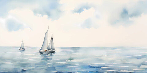watercolor drawing of sailboats on the sea in blue shades. minimalism. art. generative artificial intelligence