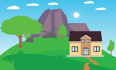 Obraz na płótnie Canvas Vector landscape background with mountain village houses.
