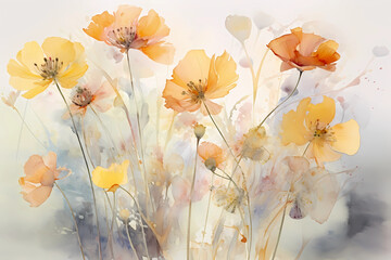 watercolor drawing of refined buttercup flowers in pastel shades. art. generative artificial intelligence