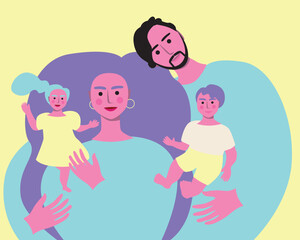 Family with a parent and children in the family as a concept of caring, flat vector stock illustration