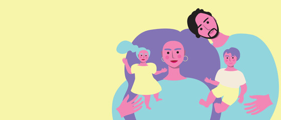 Family and parents with adopted child as copy space template or backdrop with place for text, flat vector stock illustration