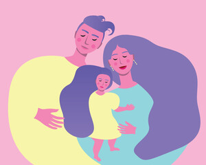 Family with a child hugging as a concept of love and care, flat vector stock illustration